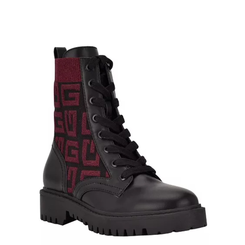 GUESS Women's Olinia Logo Knit Combat Lug Sole Booties